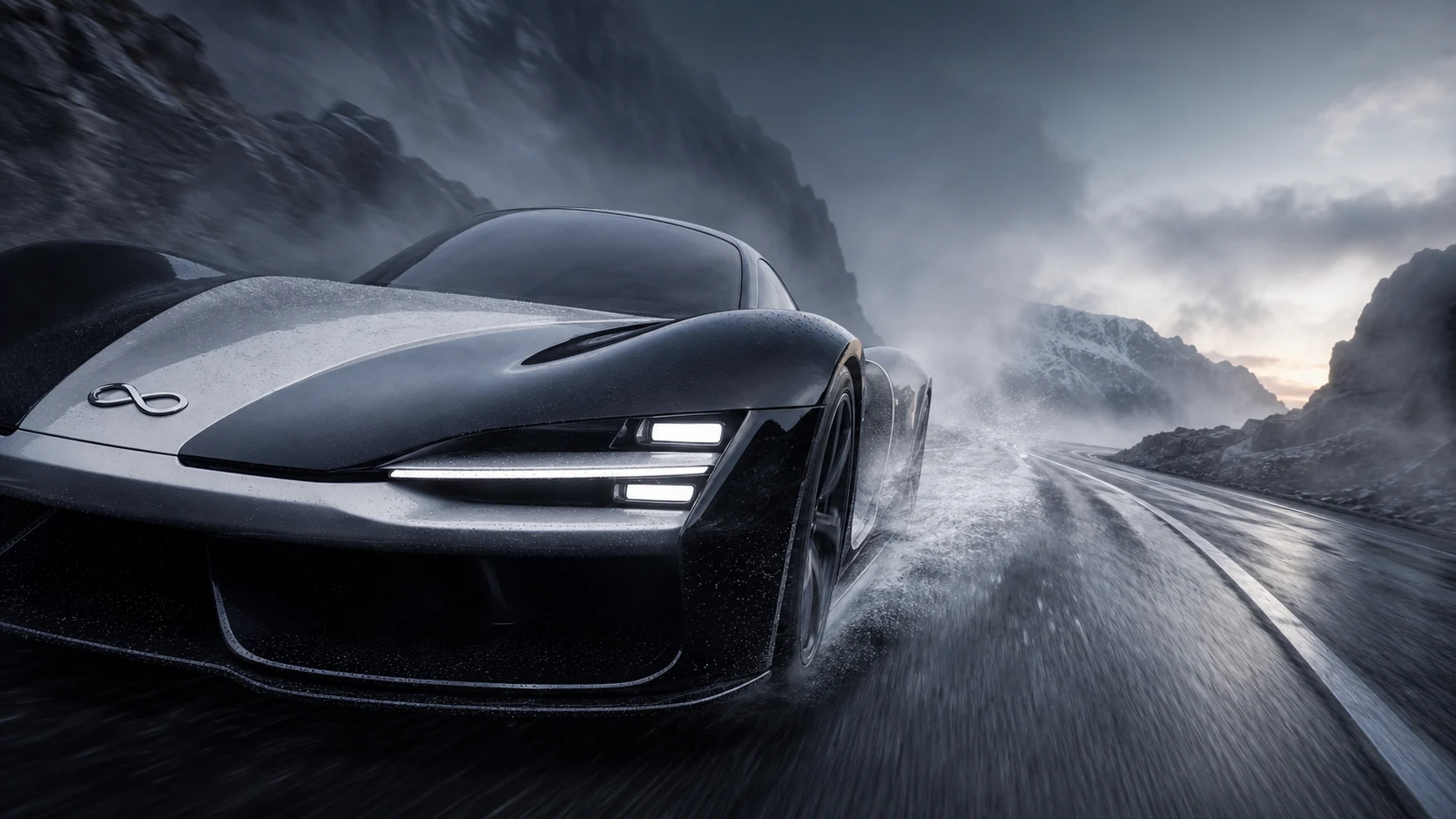 WUJI supercar cutting through fog on a wet mountain road